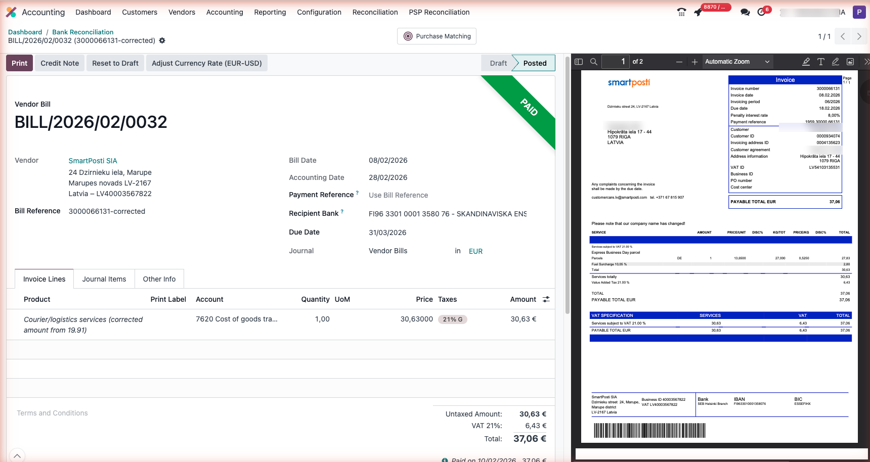Vendor bill with attached PDF in Odoo