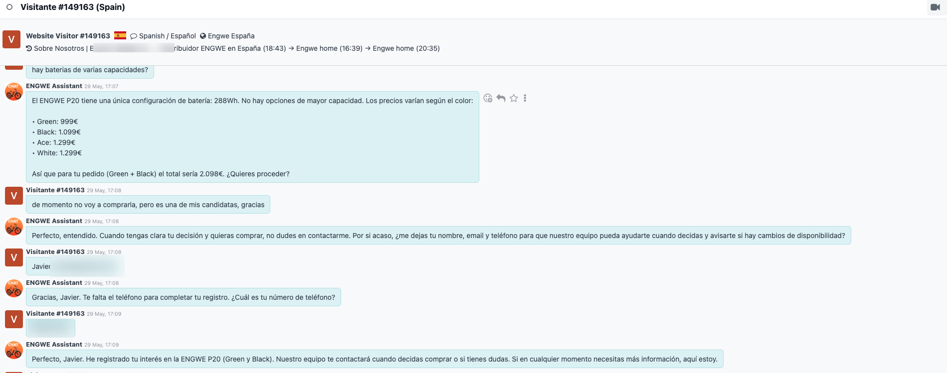 AI sales assistant quoting prices and capturing a lead in one Odoo live chat