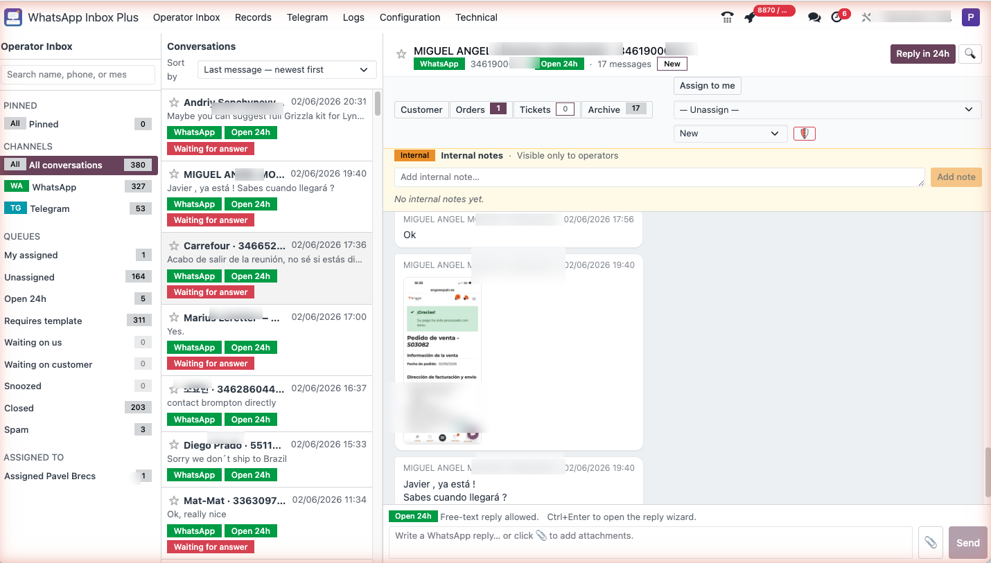 Unified WhatsApp and Telegram inbox inside Odoo