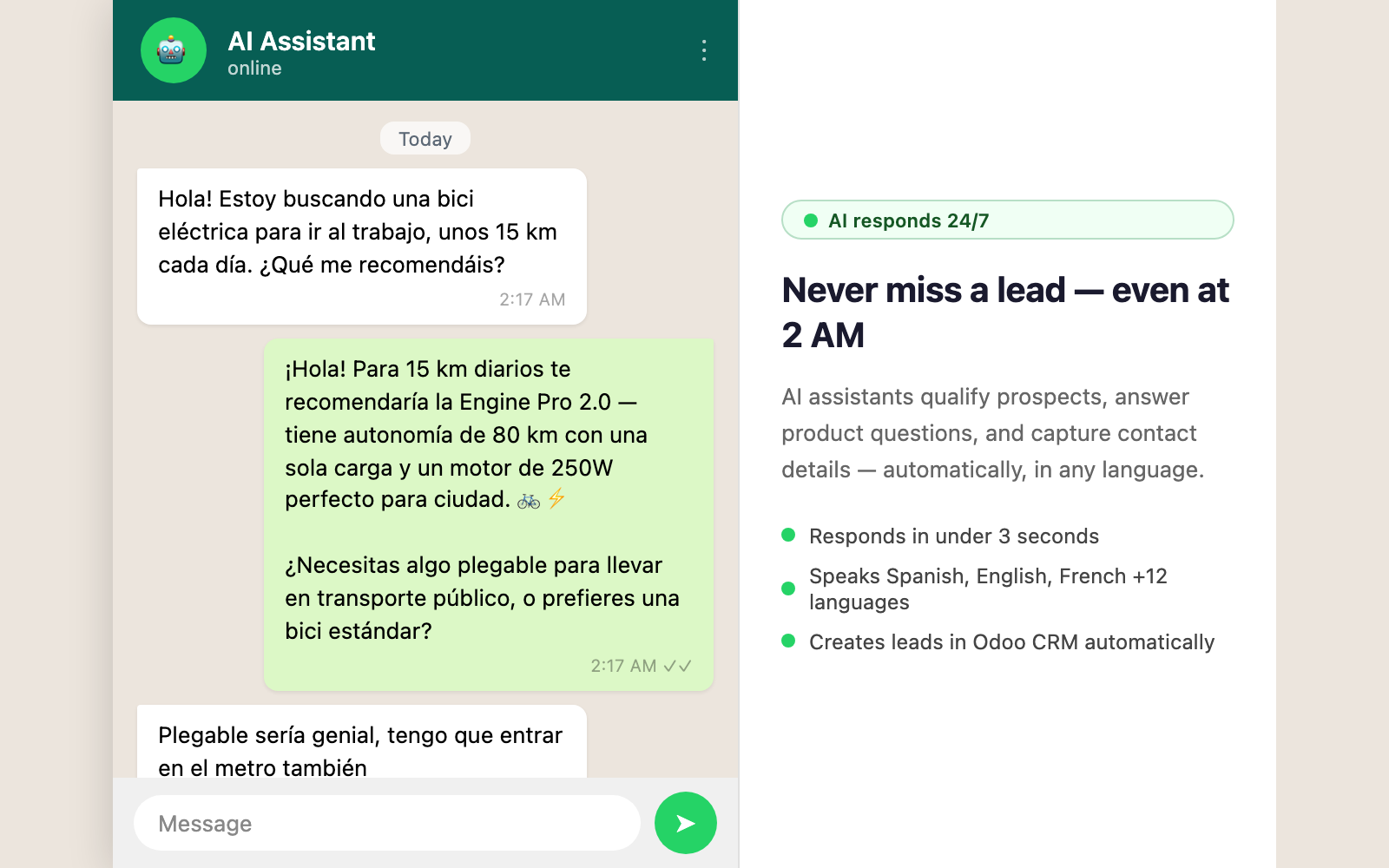 AI agent qualifying a lead via WhatsApp at 2am with instant personalized response