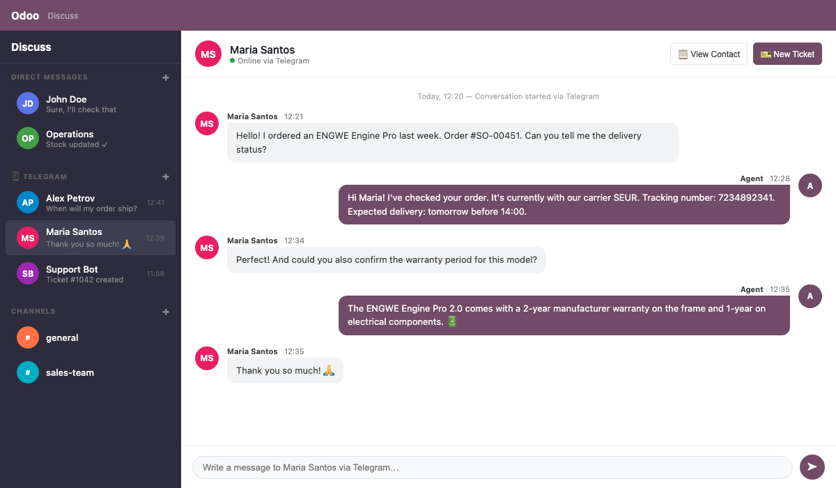 AI-powered customer conversation in Odoo Discuss via Telegram integration